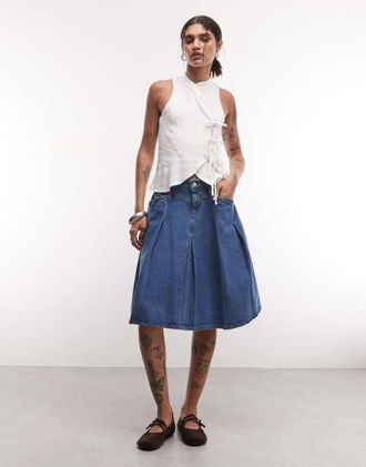 Reclaimed Vintage gonna midi in denim plissettata indaco-Blu