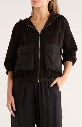 T Tahari Mixed Media Zip Up Hoodie in Black at Nordstrom Rack, Size X-Small
