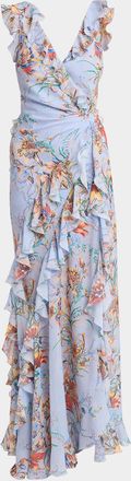 Etro Floral-Print Seersucker Ruffled Slit Maxi Dress
