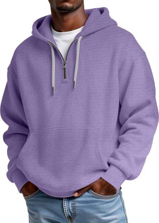 Generic Oversized Hoodie Men Quarter Zip Jumper Waffle Knit Sweatshirt Baggy Hoodies With Pocket Long Sleeve Pullover 1/4 Zip Sweatshirt Drawstring Plus Size 