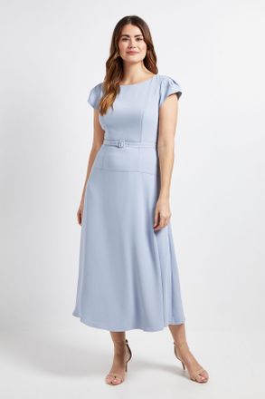 Wallis Womens CREPE BELTED CAP SLEEVE MIDI DRESS - Blue - Size 12 UK