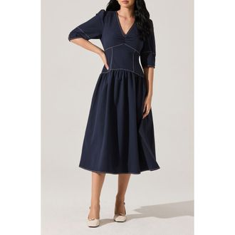 ASTR the Label Samarra Topstitch Midi Dress in Navy at Nordstrom Rack, Size X-Small