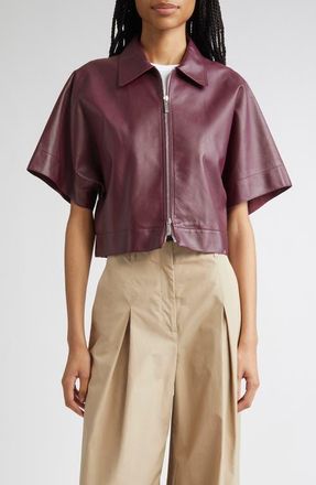 Lafayette 148 New York Elbow Sleeve Napa Leather Crop Jacket in Violet Ash at Nordstrom, Size X-Small