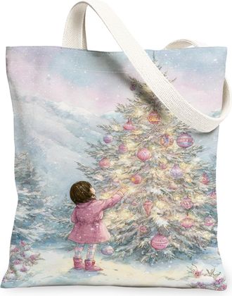Generic Christmas Tree Canvas Tote Bags, Vintage Winter Design Lightweight Washable Grocery Bags, Reusable Shoulder Strap Canvas Fo, Light Blue, 13x15 Inch