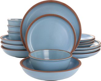 Gibson Lagos 16 Piece Terracotta Double Bowl Dinnerware Set in Solid Matte Blue
