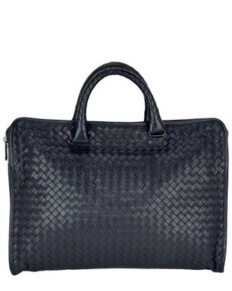 Bottega Veneta Blue Intrecciato Leather Top Zip Briefcase Attache Bag (Authentic Pre-Loved)
