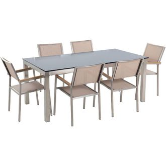 Beliani Conjunto De Comedor De Jard&iacute;n Beige Con Mesa 180 X 90 Cm De Vidrio Negro 6 Sillas Grosseto