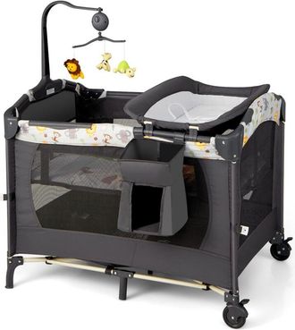 Costway Costway - Cuna De Viaje Plegable Para Beb&eacute; Cambiador Parque Infantil Cuna Con 3 Juguetes, Colch&oacute;n Caja De M&uacute;sica Y Bolsa De Transporte (gris Oscuro)