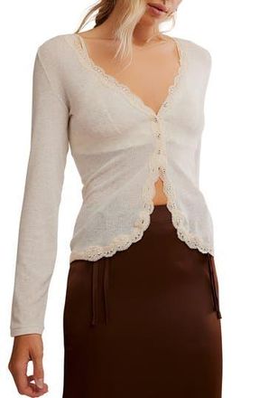 Free People Big Love Lace Trim Knit Button-Up Top in Oatmeal Heather at Nordstrom Rack, Size Large