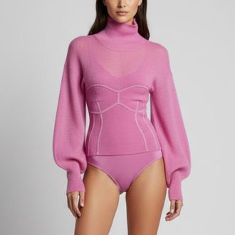 H&eacute;rve L&eacute;ger Pink Mohair Paneled Knit Turtleneck Bodysuit Top