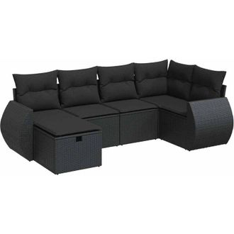 vidaXL Set De Sof&aacute;s De Jard&iacute;n 6 Piezas Y Cojines Rat&aacute;n Sint&eacute;tico Negro