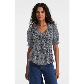 Lands End Puff Sleeve Slub Ruffle Pintuck Top in Navy Ditsy Floral at Nordstrom, Size X-Small