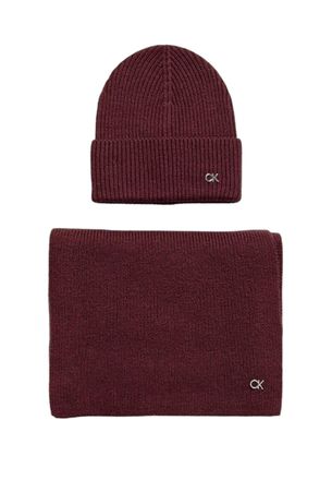 Calvin Klein Womens Ribbed Knit Hat Scarf Set Burgundy - Dark Red - One Size