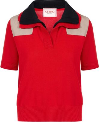Iceberg Dropped Effen Gebreide Polo Sweater met Korte Mouwen - Dames - V-hals truien - Rood - S - Truien & Vesten