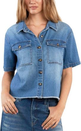 HINT OF BLU Emily Frayed Short Sleeve Denim Button-Up Shirt in Shine Blue at Nordstrom, Size X-Small