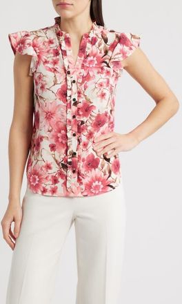 Anne Klein Ruffle Accent Short Sleeve Button-Up Shirt in Pink Berry Multi at Nordstrom, Size Small P