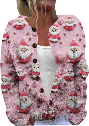 Generic Christmas Cardigans for Women UK Funny Xmas Tree Print Button Up Jumpers Open Front Warm Comfy Vintage Knitted Sweaters Lightweight Fall Outfits Women