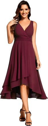 Ever-pretty Womens Cocktail Dress Waist Pleated Wrap Sleeveless Dress High Low Prom Party Elegant Dress Plus Size Burgundy 22UK
