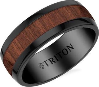 Triton 8MM Black Tungsten Carbide and Walnut Wood Ring in Brown at Nordstrom, Size 10.5
