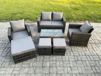 Fimous 7 Seater Outdoor Lounge Sofa Set Wicker PE Rattan Garden Furniture Set with Rectangular Coffee Table Double Seat Sofa in Dark Grey