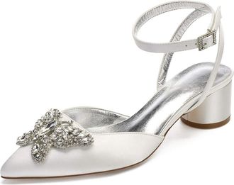 Generic Wedding Shoes Womens Bridal Pointed Toe Chunky Block Heel Ankle Strap Low Heels Slingback Heeled Sandals 4.5Cm,Ivory,3 UK