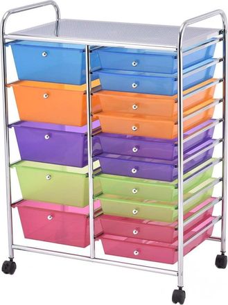 Costway Carrito Auxiliar Almacenamiento Con 15 Cajones Apilables Y Ruedas Estructura Met&aacute;lica, Carro Organizador Para Cocina Restaurante Multicolor - Costway