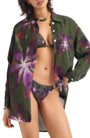 Vitamin A Playa Oversize Linen Cover-Up Shirt in Watercolor Orchid at Nordstrom, Size X-Small