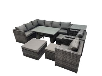 Fimous 11-seater Outdoor PE Rattan Sofa Set with with 3 Stools Side Table in Dark Grey