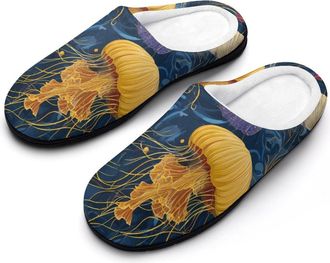 Generic Jellyfish Scallops Waves Ocean Slippers Men Winter Warm Cotton Anti-Slip Indoor Slip-Ons House Shoes