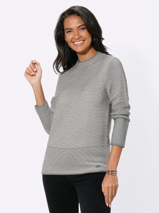 Casual Looks Stehkragenpullover CASUAL LOOKS Pullover, Damen, Gr. 36, grau (grau, ecru, geringelt), 50% Baumwolle, 50% Polyacryl, gemustert, gestreift, mehrfarbig,