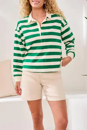 Tribal Cotton Stripe Long Sleeve Collared Polo Shirt In Mojito