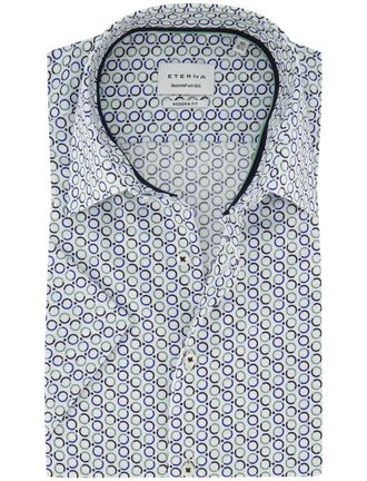 Eterna Blauw geprint korte mouw overhemd Eterna Modern Fit strijkvrij