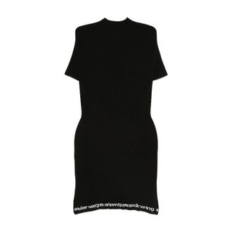 Alexander Wang Kleedjes, Dames, Zwart, S, Geribbelde Jurk met Korte Mouwen