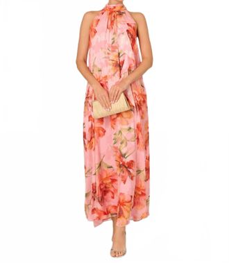 Adrianna Papell Floral Chiffon Trapeze Halter Gown In Pink Multi