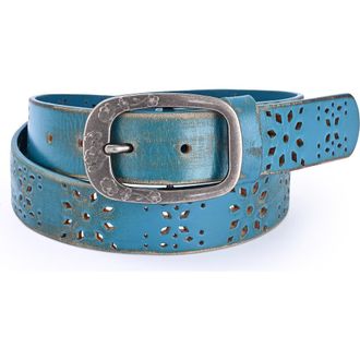 OLD TREND Blooming Genuine Leather Perforated Floral Vintage Belt in Turquoise at Nordstrom, Size Medium