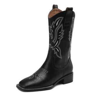 Generic Womens Knee-High PU Leather Cowboy Boots Embroidered Design Pull Tab Square Toe Low Block Heels Slip On Soft Lining Cushioned Insole Durable Outsole,B