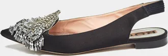 Rochas Black Satin Crystal Embellished Flat Slingback Sandals