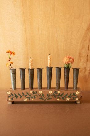 Kalalou Eight Metal Bud Vases With Painted Wooden Base