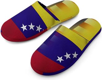 Generic U.S. And Venezuelan Flag Flannel Mens Slip-on Slippers Winter Warm House Shoes with Rubber Sole for Home Hotel