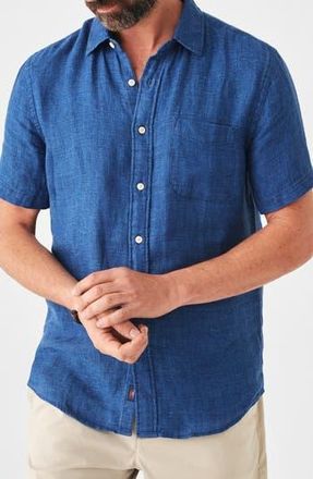 Faherty Laguna Short Sleeve Linen Shirt in Indigo Basketweave at Nordstrom Rack, Size X-Small