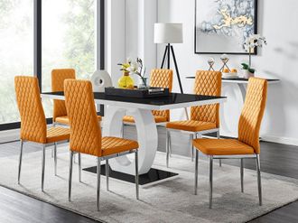 Furniturebox Giovani Rectangular 6 Seat White High Gloss Unique Halo Dining Table Black Glass Top 6 Faux Leather Silver Leg Milan Chairs in Mustard