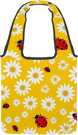 Generic Ladybugs Daisy Yellow Reversible Canvas Shoulder Tote - Double-Sided Print, 12oz Cotton, 27cm Drop, Fold-Flat Bag for Travel, Shopping, Street Outings