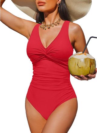 Holipick Women Tummy Control One Piece Swimsuit - Push Up Bathing Suit Full Coverage Slimming Swimwear, Red, S