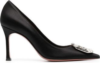 Amina Muaddi 90mm Camelia crystal pumps - women - Calf Leather/Satin/Rubber/Calf Leather - 41 - Black