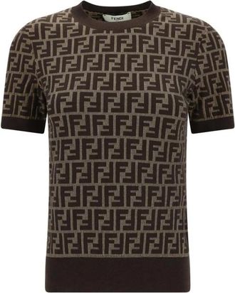 Fendi Round-neck Knitwear, female, Brown, Size: 2XS Logo Jacquard Short-Sleeved Cotton Top