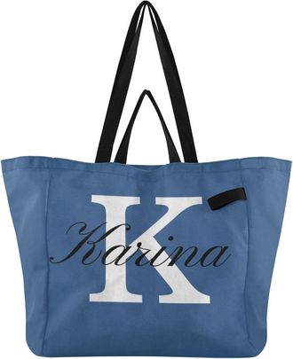 Generic Custom Navy Blue print Reusable Canvas Tote Bag, Heavy Duty Grocery Shopping Bag with Double Handles Hard Bottom Large Capacity Work Groceries Travel