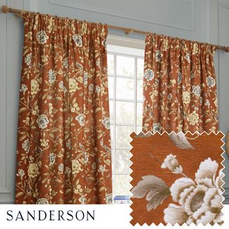 Sanderson Porcelain Garden Printed Chenille Room Darkening Pencil Pleat Curtains in Burnt Orange | Size: 229 cm width x 183 cm drop