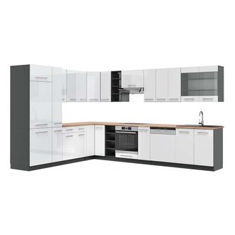 Vicco Cocina Esquinera Fame-line, Blanco Brillo/antracita, 347 X 257 Cm, Et Roble