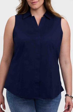 Foxcroft Taylor Non-Iron Sleeveless Button-Up Shirt in Navy at Nordstrom, Size 18W