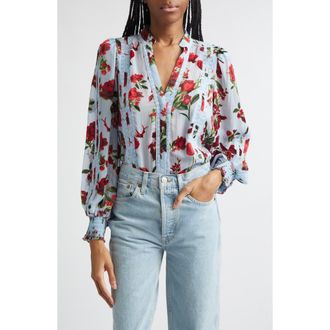 Alice & Olivia Arlette Floral Print Lace Trim Top in American Beauty Carolina Blue at Nordstrom, Size X-Small